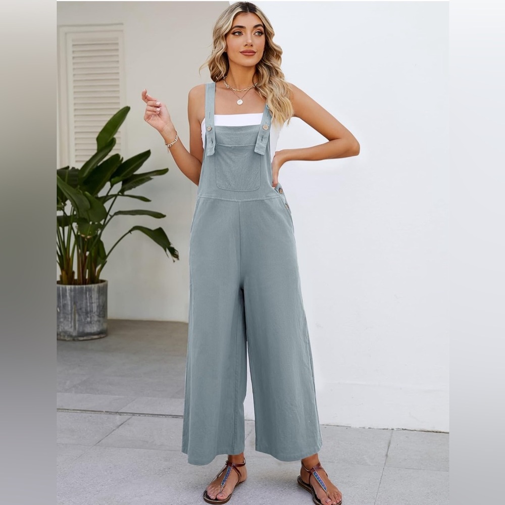 Women’s Bluish Gray Casual Loose Fit Wide Leg Jumpsuit With Adjustable Straps - Picture 4 of 11